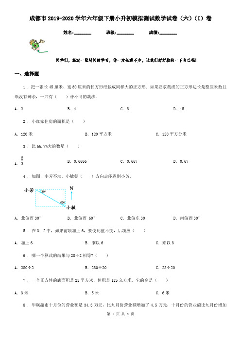 成都市2019-2020学年六年级下册小升初模拟测试数学试卷(六)(I)卷