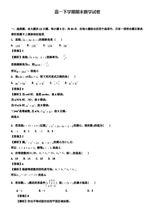 (高一下数学期末30份合集)四川省巴中市高一下学期数学期末试卷合集