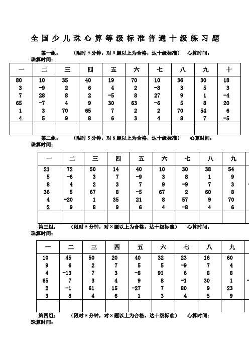 全国少儿珠心算等级标准普通十级练习题