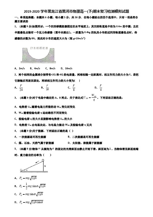 2019-2020学年黑龙江省黑河市物理高一(下)期末复习检测模拟试题含解析