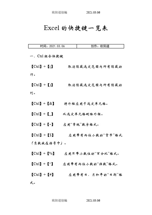 Excel的快捷键一览表(超全)之欧阳道创编