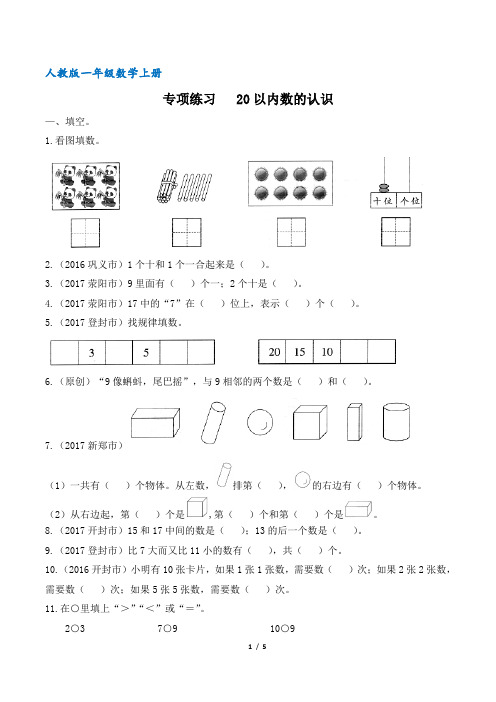 人教版一年级数学上册专项l练习  20以内数的认识