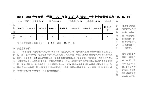 初二语文期中质量分析表和成绩统计表