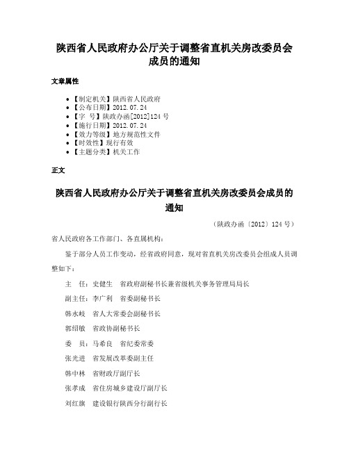 陕西省人民政府办公厅关于调整省直机关房改委员会成员的通知