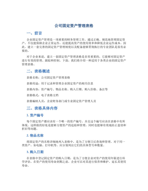 公司固定资产管理表格