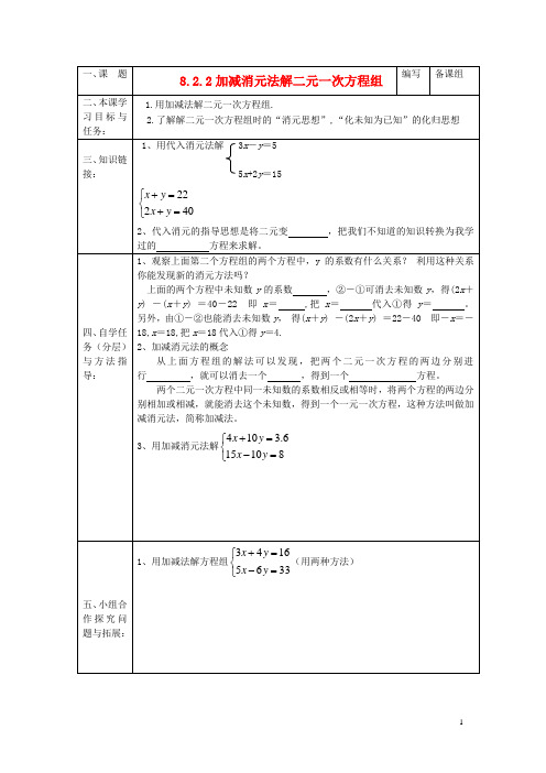 湖北省黄梅县实验中学七年级数学下册 8.2.2加减消元法解二元一次方程组导学案(无答案) 新人教版