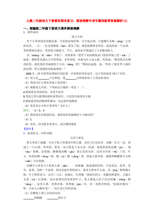 人教二年级语文下册素材期末复习：阅读理解专项专题训练带答案解析(1)