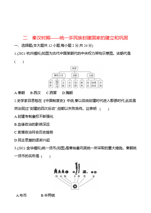 备战2023 高考历史 全程复习 二 秦汉时期——统一多民族封建国家的建立和巩固 课时训练(学生版)