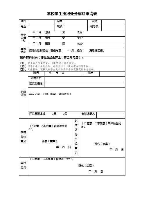 学校学生违纪处分解除申请表