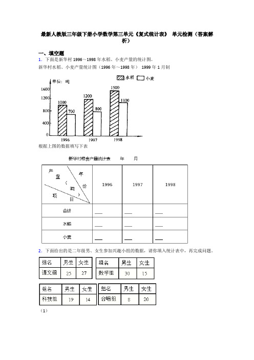 最新人教版三年级下册小学数学第三单元《复式统计表》 单元检测(答案解析)