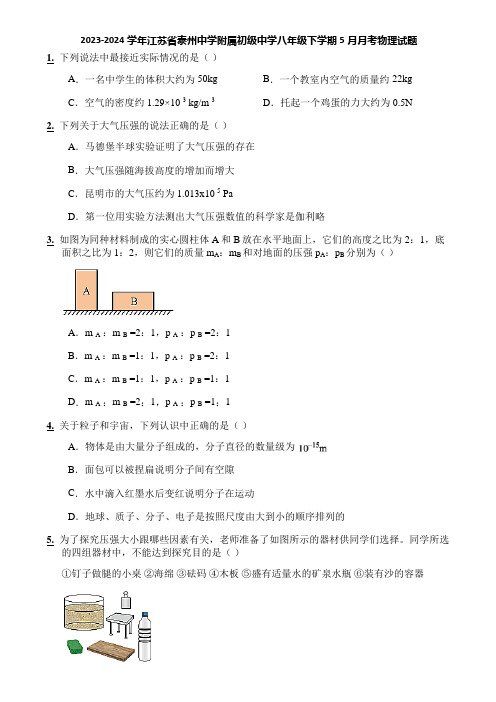 2023-2024学年江苏省泰州中学附属初级中学八年级下学期5月月考物理试题