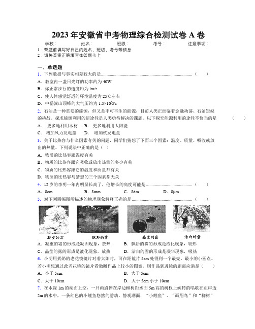 2023年安徽省中考物理综合检测试卷A卷附解析