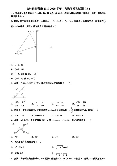 吉林省长春市2019-2020学年中考数学模拟试题(3)含解析