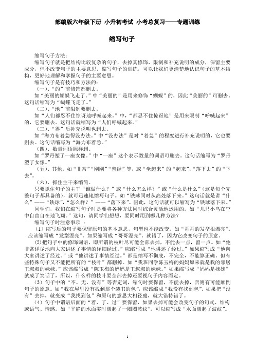 部编版六年级下册 小升初考试 小考总复习——专题训练：缩句练习题