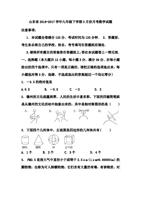 山东省2016-2017学年九年级下学期3月份月考数学试题