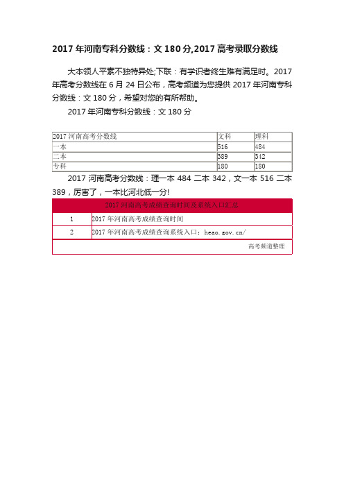 2017年河南专科分数线：文180分,2017高考录取分数线