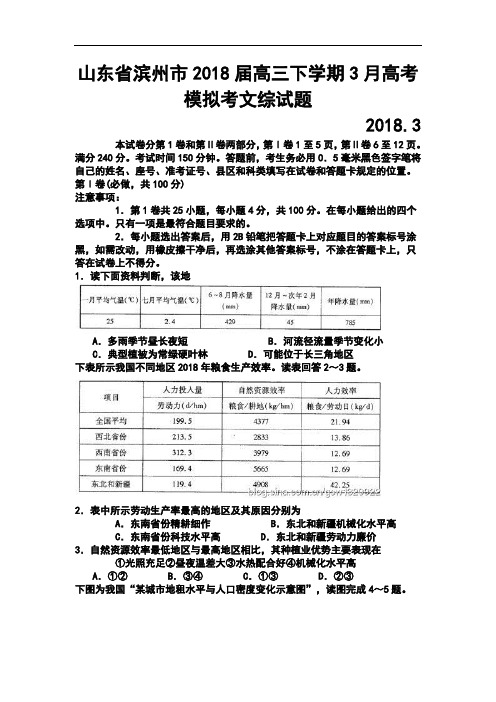 2018届山东省滨州市高三下学期3月高考模拟考文科综合试题及答案 精品