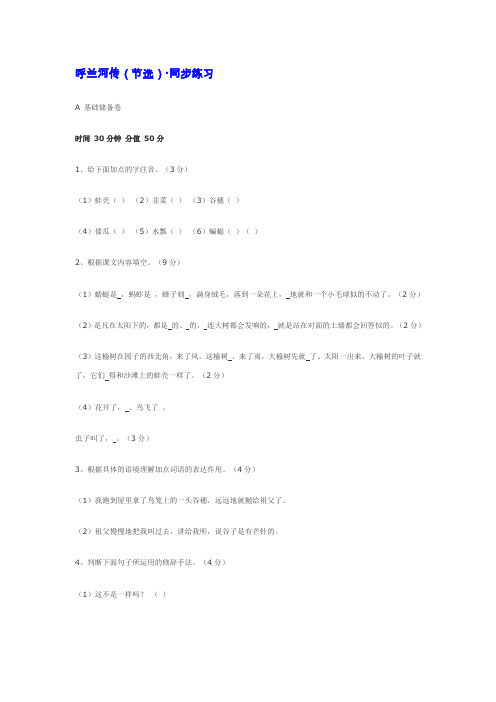 苏教版九年级语文下学期第三单元第四课《呼兰河传》(节选)·精粹系列同步练习