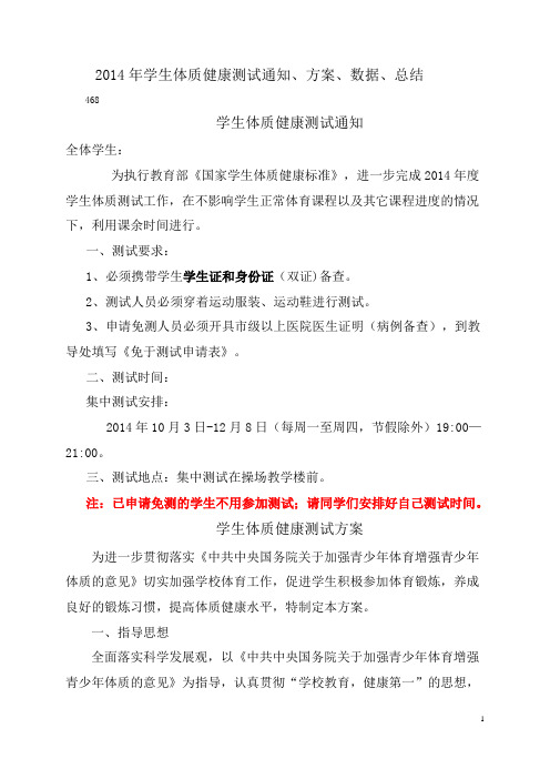 2014年学生体质健康测试通知、方案、数据、总结