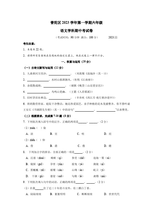 上海市普陀区2023-2024学年六年级上学期期中语文试卷(有答案)