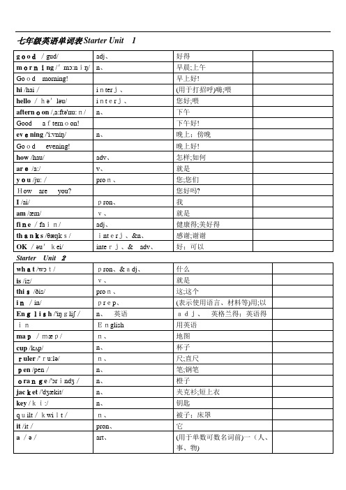 新版人教版七年级上册英语词汇表--打印