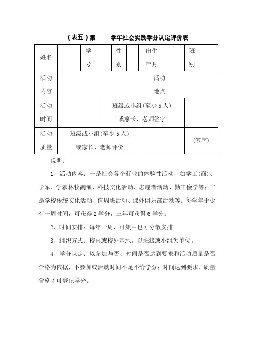 表五  社会实践学分认定表