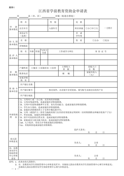 江西省学前教育资助金申请表