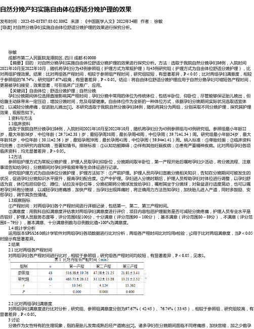 自然分娩产妇实施自由体位舒适分娩护理的效果