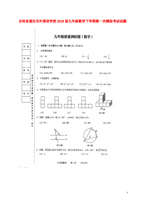 吉林省通化市外国语学校九年级数学下学期第一次模拟考