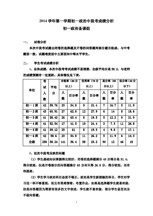 2014学年(上)初一政治中段考分析