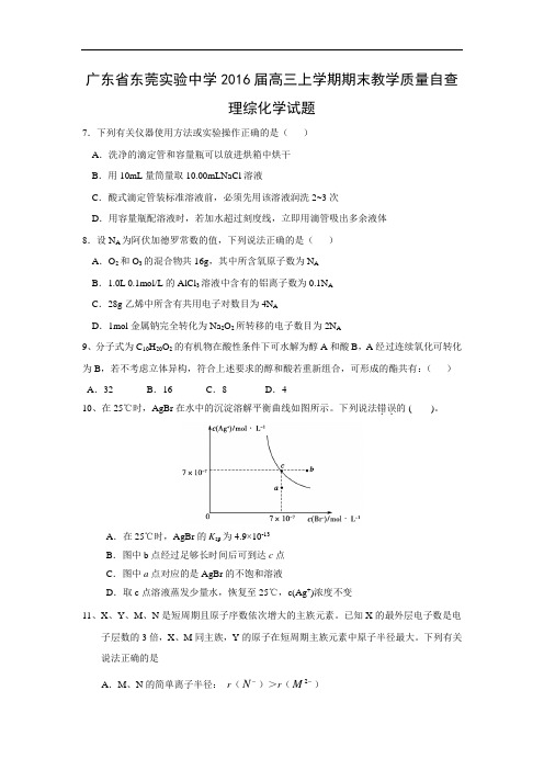 东莞实验中学2016届高三上学期期末教学质量自查理综化学化学试题及答案
