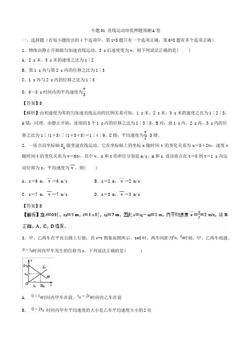 专题01 直线运动培优押题预测卷A卷-2019届高三物理复习之章末培优押题预测卷