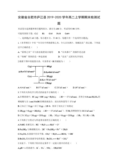 安徽省合肥市庐江县2019-2020学年高二上学期期末检测试题化学