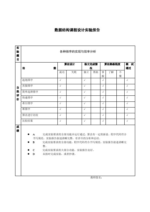 数据结构课程设计实验报告(各种排序的实现与效率分析)