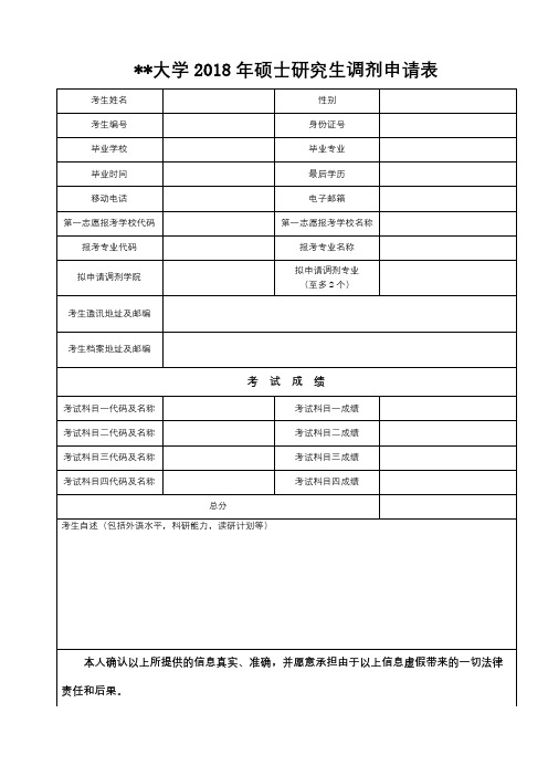 华侨大学2018年硕士研究生调剂申请表【模板】