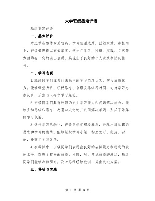 大学班级鉴定评语