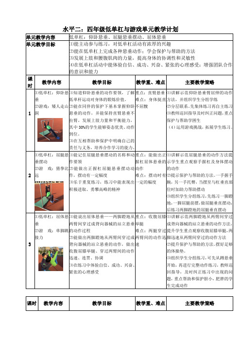 四年级体育《低单杠与游戏》教案