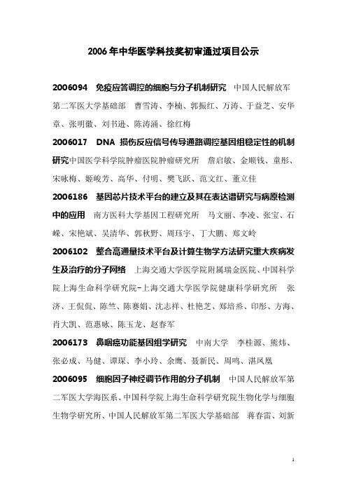 2006年中华医学科技奖初审通过项目公示
