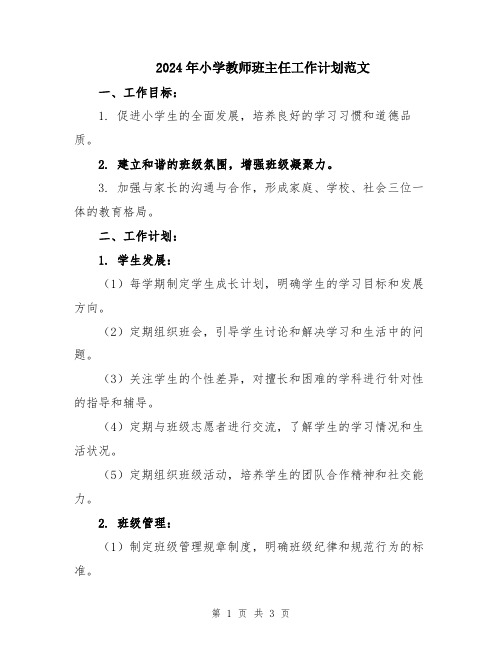 2024年小学教师班主任工作计划范文