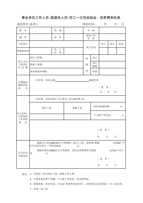 退休人员死亡抚恤金丧葬费审批表