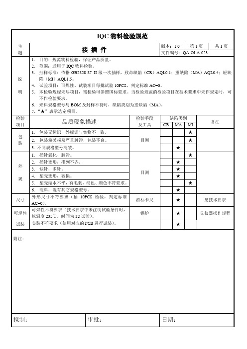 接插件来料检验作业指导书