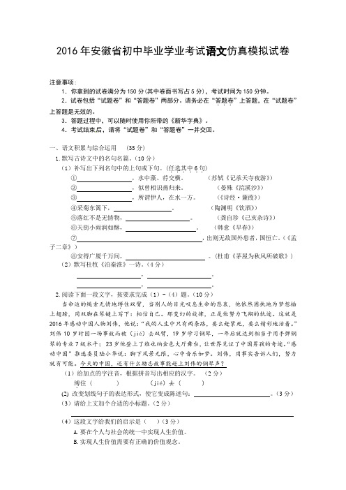 2016年安徽省中考语文模拟试卷及答案