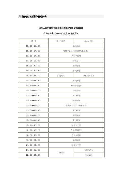 四川省电台各频率节目时间表