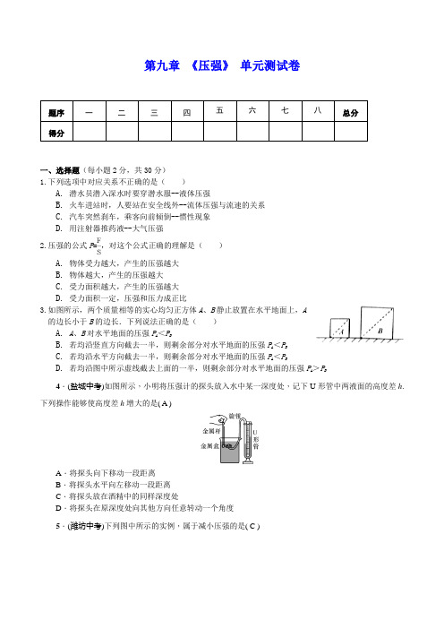 人教版八年级物理下册 第九章 《压强》单元测试(包含答案)