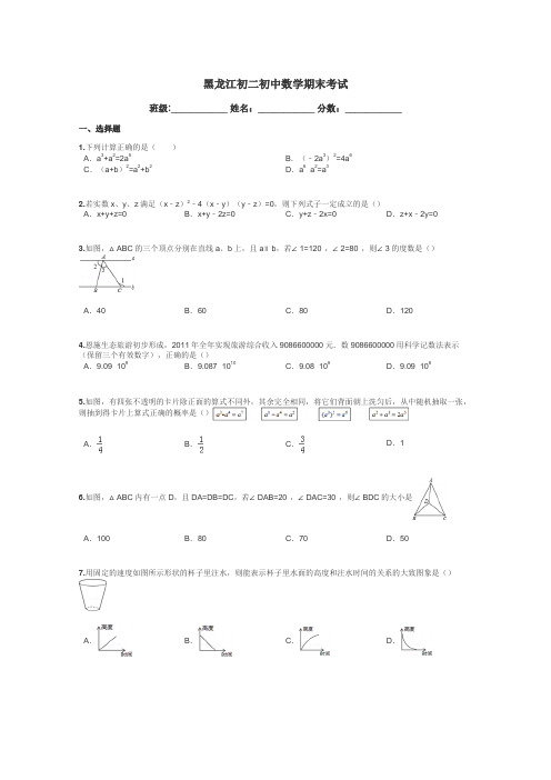 黑龙江初二初中数学期末考试带答案解析
