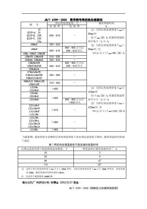 JB 4709-2000 常用钢号焊后热处理规范