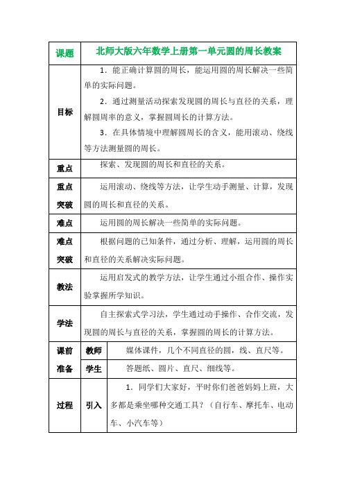 北师大版六年数学上册第一单元圆的周长教案