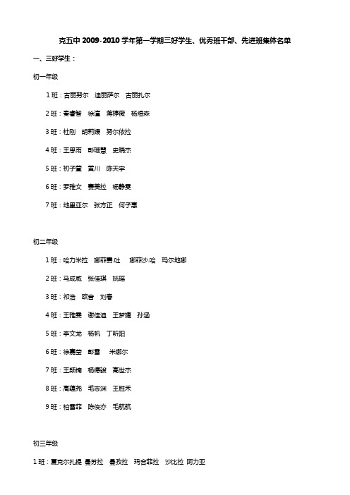 克五中2009-2010学年第一学期三好学生、优秀班干部、先进