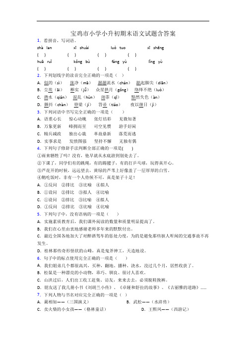 宝鸡市小学小升初期末语文试题含答案