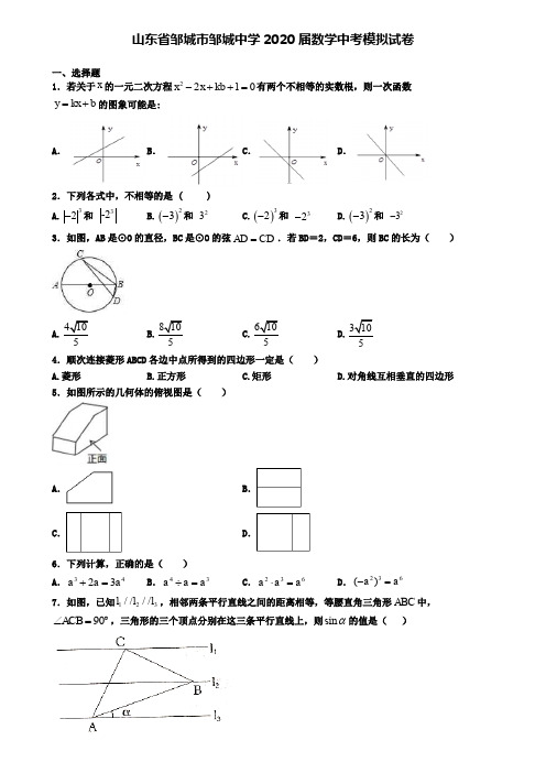 山东省邹城市邹城中学2020届数学中考模拟试卷